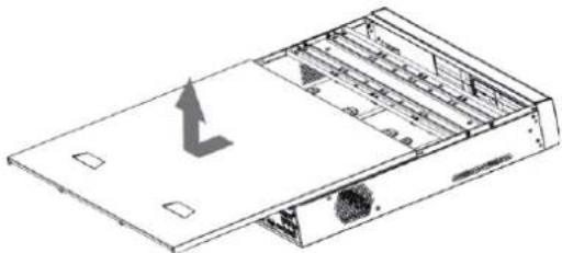 Technical line drawing of a computer chassis with an arrow indicating a component (no text or symbols present)