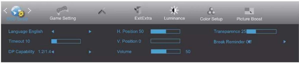 Disp Setup Game Setting ExitExtra Luminance Color Setup Picture Boost Language English Timeout 10 DP Capability 1.2/1.4 H. Position 50 V. Position 0 Volume Transparence 25 Break Reminder Off 50