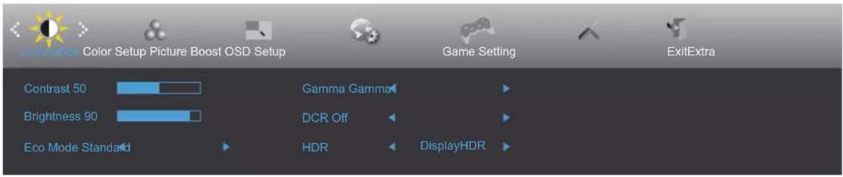 Color Setup Picture Boost OSD Setup Game Setting ExitExtra Contrast 50 Brightness 90 Eco Mode Standard Gamma Gamma DCR Off HDR DisplayHDR