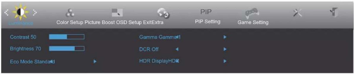 Color Setup Picture Boost OSD Setup ExitExtra Contrast 50 Brightness 70 Eco Mode Standard Gamma Gamma1 DCR Off HDR DisplayHDR PIP Setting PIP Setting Game Setting