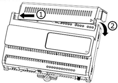 Diagram of a device rear panel with labeled components and directional arrows indicating movement or assembly.