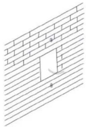 Isometric line drawing of a brick wall with diagonal lines and a central rectangular cutout (no text or symbols)