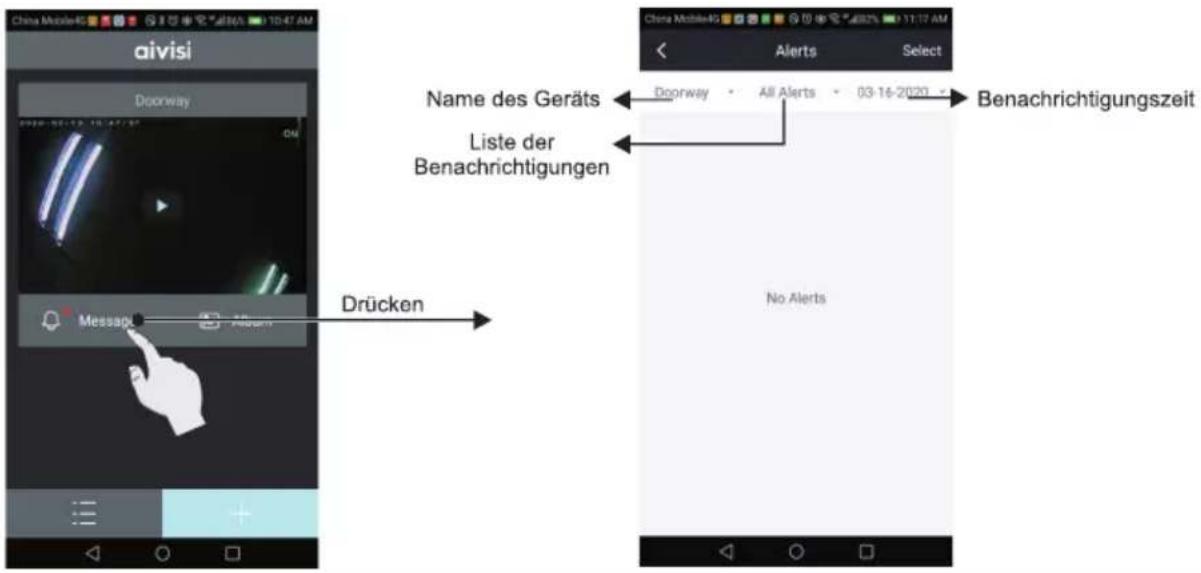 China Mobile4G 10:47 AM aivisi Doorway Message Drücken Name des Geräts Liste der Benachrichtigungen Drücken Doorway All Alerts 03-16-2020 No Alerts Alerts Select Benachrichtigungszeit