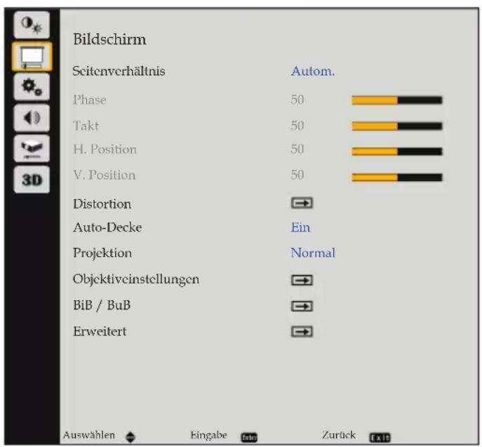 Bildschirm Seitenverhältnis Phase Takt H. Position V. Position Distortion Auto-Decke Projektion Objektiveinstellungen BiB / BuB Erweitert Autom. Ein Normal Auswählen Eingabe Oster Zurück