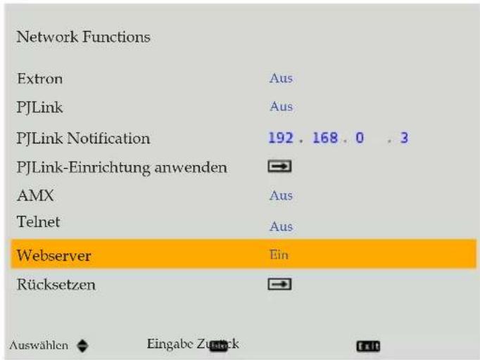 Network Functions Extron PJLink PJLink Notification PJLink-Einrichtung anwenden AMX Telnet Webserver Rücksetzen Aus Aus 192 . 168 . 0 . 3 Aus Aus Ein Aus Auswählen Eingabe Zuck Exit