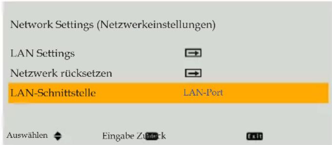 Network Settings (Netzwerkeinstellungen) LAN Settings Netzwerk rücksetzen LAN-Schnittstelle LAN-Port Auswählen ◆ Eingabe Zubrick exit