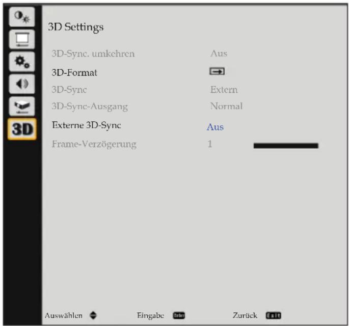 3D Settings 3D-Sync. umkehren Aus 3D-Format 3D-Sync Extern 3D-Sync-Ausgang Normal Externe 3D-Sync Aus Frame-Verzögerung 1 Auswählen Eingabe Zurück falt