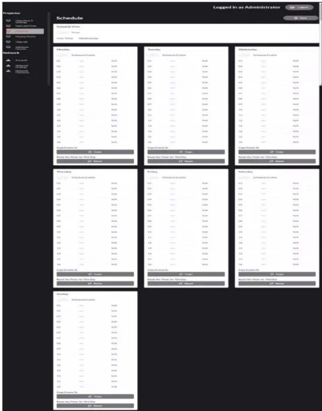 Logged in as Administrator Schedule View Show Today Wednesday Monday Schedule Event 01 02 03 04 05 06 07 08 09 10 11 12 13 14 15 16 00 01 02 03 04 05 06 07 08 09 10 11 12 13 14 15 16 00 01 02 03 04 05 06 07 08 09 10 11 12 13 14 15 16