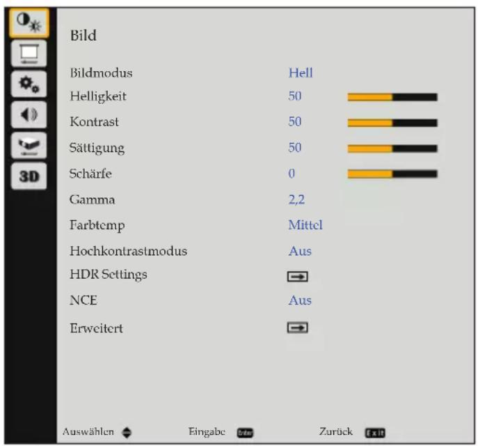 Bild Bildmodus Helligkeit Kontrast Sättigung Schärfe Gamma Farbtemp Hochkontrastmodus HDR Settings NCE Erweitert Hell 50 50 50 0 2,2 Mittel Aus Aus Auswählen Eingabe Zurück Exit