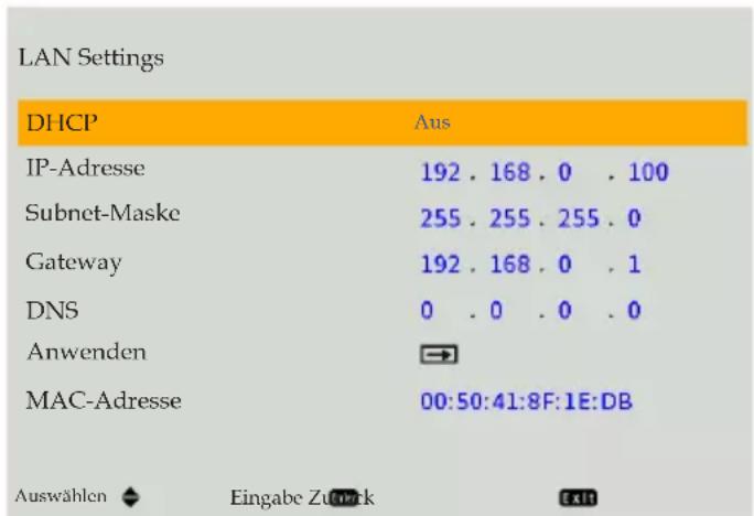 LAN Settings DHCP Aus IP-Adresse 192 . 168 . 0 . 100 Subnet-Maske 255 . 255 . 255 . 0 Gateway 192 . 168 . 0 . 1 DNS 0 . 0 . 0 . 0 Anwenden → MAC-Adresse 00:50:41:8F:1E:DB Auswählen ♦ Eingabe Zuck Exit
