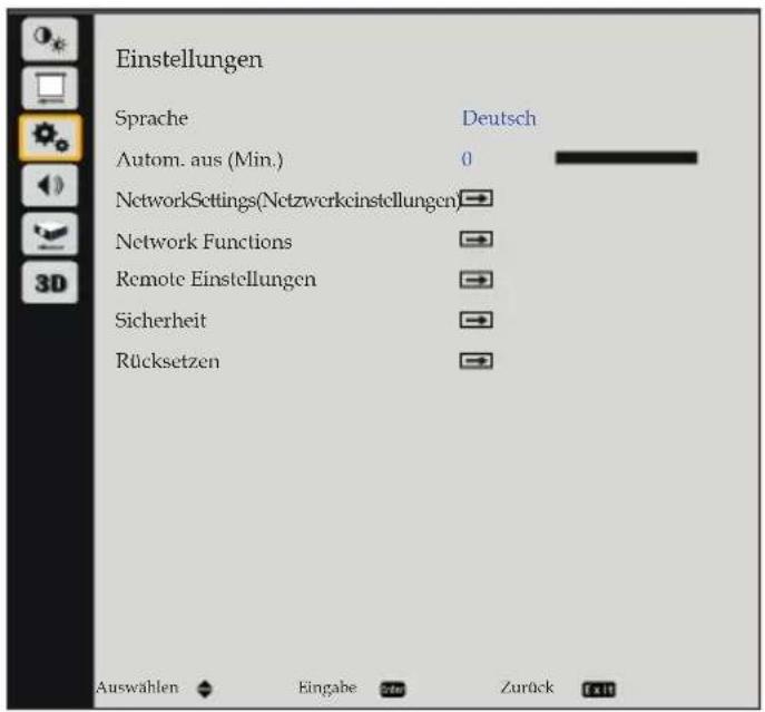 Einstellungen Sprache Deutsch Autom. aus (Min.) 0 NetworkSettings(Netzwerkeinstellungen) Network Functions Remote Einstellungen Sicherheit Rücksetzen Auswahlen Eingabe Zurück