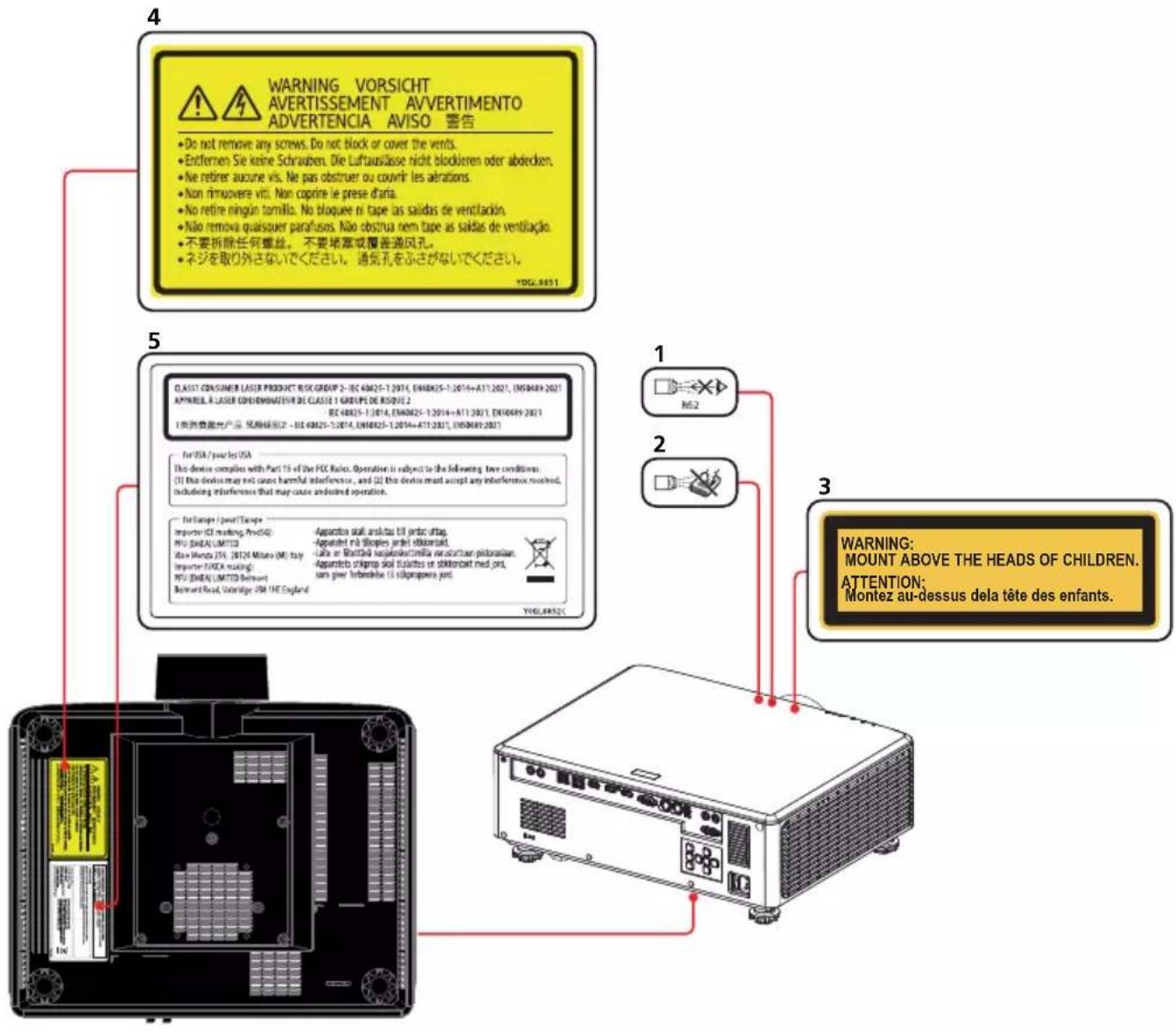 WARNING VORSICHT AVERTISSEMENT AVERTIMENTO ADVERTENCIA AVISO 客告 • Do not remove any screws. Do not block or cover the vents. • Entfernen Sie keine Schrauben. Die Luftauslasse nicht blockeren oder abdecken. • Ne retirer aucune vis. Ne pas obstruer ou couvrir les aérations. • Non rimuovere viti. Non coprire le prese d'aria. • No retire ningún tornillo. No bloquee ni tape las saidas de ventilación. • Não remová quaisquer parafusos. Não obstrua nem tape as saidas de ventilación. • 不要拆除任何螺丝. 不要堵塞或覆普通风孔. • ネジを取り外さないでください。 通気孔をふさがないでください。 YOGJ-8551 CLASSI CONSUMER LASER PRODUCT RISC GROUP 2 - EC 40625-1-2014, ENIX825-1-2014+AT1-2021, ENIX899-2021 APPRÉL À LASER CONTEMPRIEUR DE CLASIE 1 GRUPE DE ROQUE 2 EC 40625-1-2014, ENIX825-1-2014+AT1-2021, ENIX899-2021 I 次洲音源光产品 风路级别 2 - EC 40625-1-2014, ENIX825-1-2014+AT1-2021, ENIX899-2021 For USA / pour la USA This device complies with Part 15 of the FCC Rules. Operation is subject to the following two conditions: (1) this device may not cause harmful interference, and (2) this device must accept any interference received, including interference that may cause undireed operation. For Europe / pour Europe Importer ID making, PrdG42 PBU DREAM LIMITED Ran Honda JSV, 2012M Mioise (ME) Italy Importer EBOX making PBU DREAM LIMITED Behind Robert Road, Goonridge JSM THE England Apparctor skull and ilus til jardis ohag. Apparctor nà bloques jardi obdomant. Lalle or Brachtaal xaygloodet/milla veratuitary pistrosian. Apparctor slingsp skull liustattes ne diikontelt med jard, sara giver forbadeke li stilgrapere jard YOGJ-8552C WARNING: MOUNT ABOVE THE HEADS OF CHILDREN. ATTENTION: Montez au-dessus dela tête des enfants.