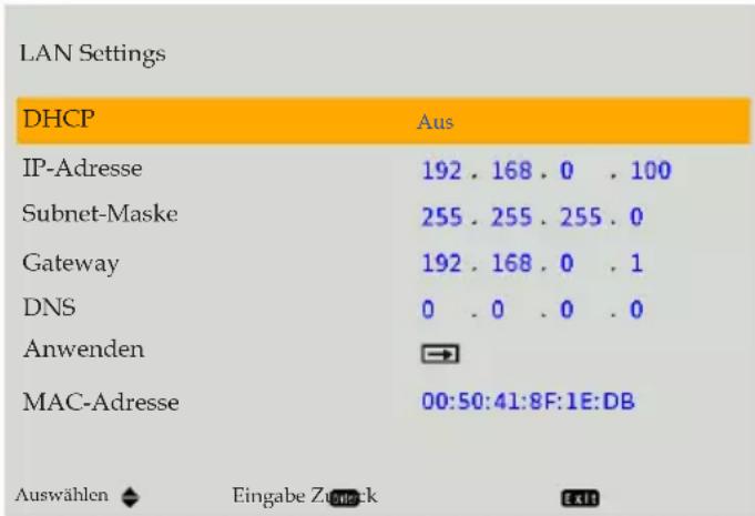 LAN Settings DHCP Aus IP-Adresse 192 . 168 . 0 . 100 Subnet-Maske 255 . 255 . 255 . 0 Gateway 192 . 168 . 0 . 1 DNS 0 . 0 . 0 . 0 Anwenden → MAC-Adresse 00:50:41:8F:1E:DB Auswählen ◆ Eingabe Zuretek Exit