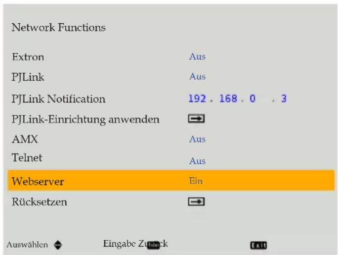 Network Functions Extron PJLink PJLink Notification PJLink-Einrichtung anwenden AMX Telnet Webserver Ein Rücksetzen Aus Aus Aus Auswählen Eingabe Zuck falt