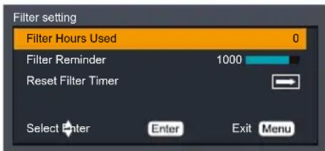 Filter setting Filter Hours Used 0 Filter Reminder 1000 Reset Filter Timer Select Enter Enter Exit Menu