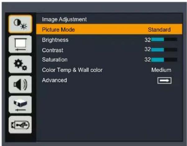 Image Adjustment Picture Mode Standard Brightness 32 Contrast 32 Saturation 32 Color Temp & Wall color Medium Advanced