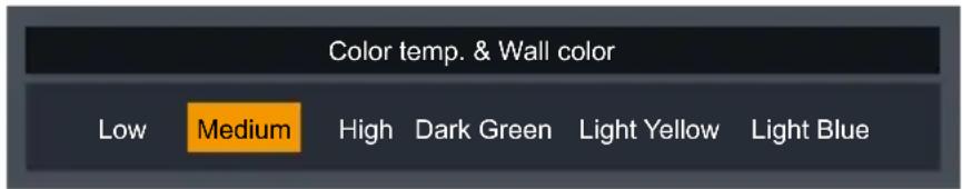 Color temp. & Wall color Low Medium High Dark Green Light Yellow Light Blue