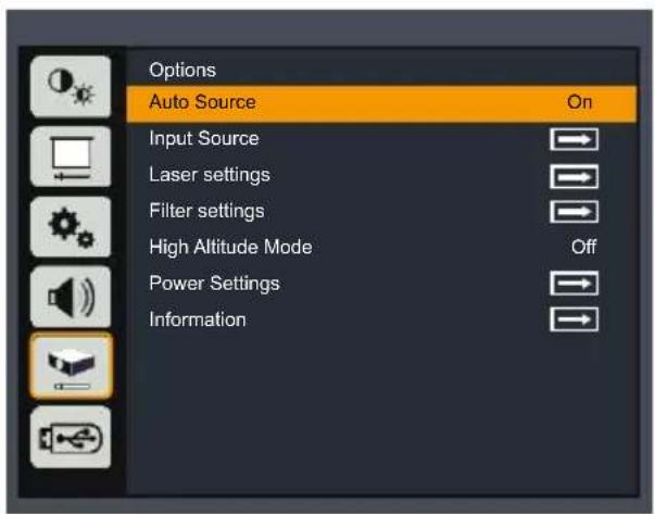 Options Auto Source On Input Source Laser settings Filter settings High Altitude Mode Off Power Settings Information