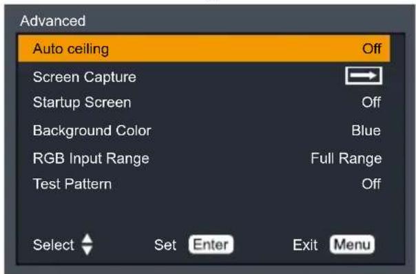 Advanced Auto ceiling Off Screen Capture Startup Screen Off Background Color Blue RGB Input Range Full Range Test Pattern Off Select Set Enter Exit Menu