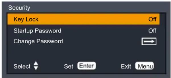 Security Key Lock Off Startup Password Off Change Password Select Set Enter Exit Menu