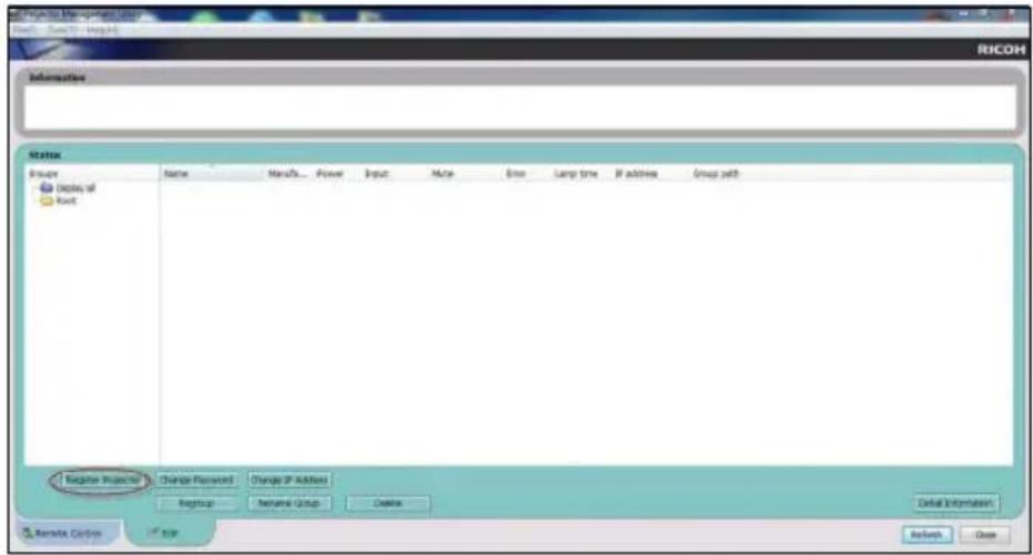 RICOH Information Status Group Name Ports... Power Input Date Time Lamp time IP address Group path Region Project Change Project Change IP Address Region Region Group Delete Final Information Remote Options OK Refresh Close