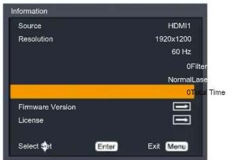 Information Source HDMI1 Resolution 1920x1200 60 Hz 0Filter NormalLase 0Total Time Firmware Version License Select Set Enter Exit Menu