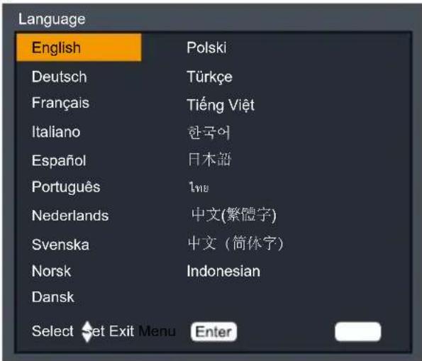 Language English Deutsch Français Italiano Español Português Nederlands Svenska Norsk Dansk Select Set Exit Menu Enter Polski Türkçe Tiếng Việt 한국어 日本語 1m 中文(繁體字) 中文(简体字) Indonesian