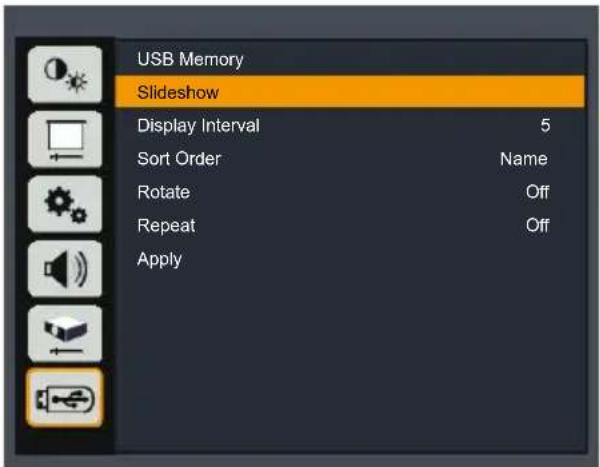 USB Memory Slideshow Display Interval 5 Sort Order Name Rotate Off Repeat Off Apply