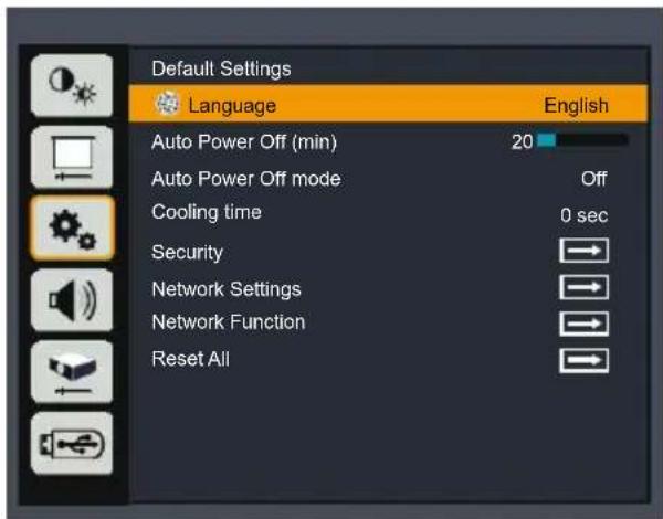 Default Settings Language English Auto Power Off (min) 20 Auto Power Off mode Off Cooling time 0 sec Security Network Settings Network Function Reset All