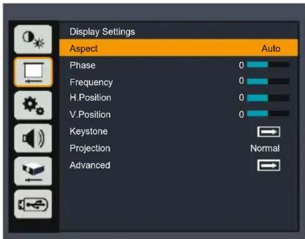 Display Settings Aspect Auto Phase 0 Frequency 0 H.Position 0 V.Position 0 Keystone Projection Normal Advanced