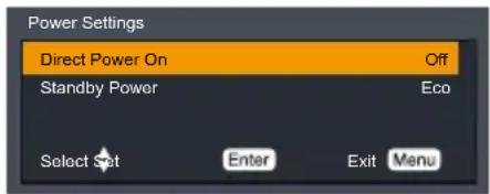 Power Settings Direct Power On Off Standby Power Eco Select Set Enter Exit Menu