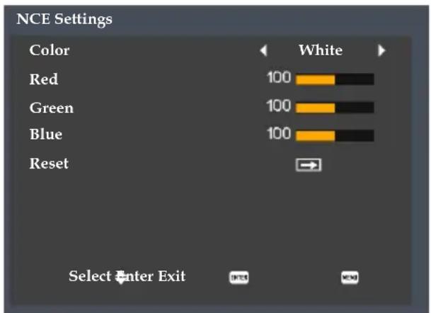 NCE Settings Color White Red 100 Green 100 Blue 100 Reset Select Enter Exit