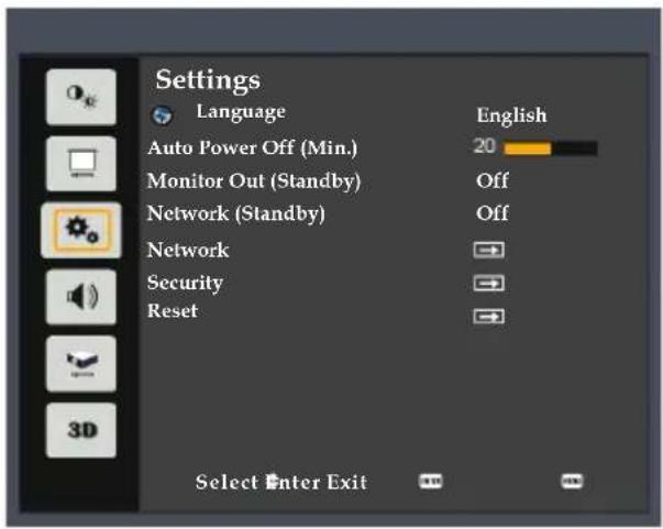 Settings Language English Auto Power Off (Min.) 20 Monitor Out (Standby) Off Network (Standby) Off Network Security Reset 3D Select Enter Exit