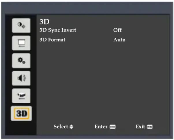 3D 3D Sync Invert Off 3D Format Auto Select Enter Exit