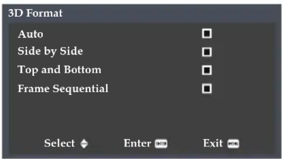 3D Format Auto Side by Side Top and Bottom Frame Sequential Select Enter Exit