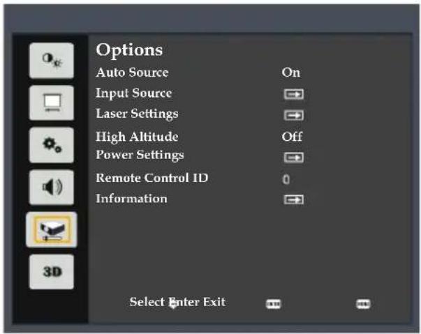 Options Auto Source On Input Source Laser Settings High Altitude Off Power Settings Remote Control ID Information 3D Select Enter Exit