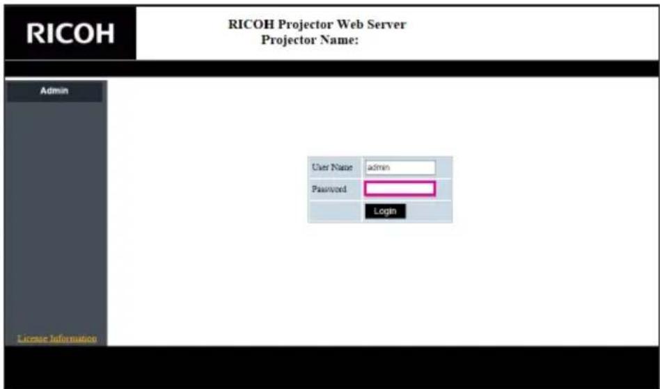 RICOH RICOH Projector Web Server Projector Name: Admin User Name admin Password Login License Information