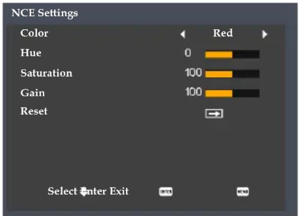 NCE Settings Color Hue 0 Red Saturation 100 Gain 100 Reset Select Enter Exit