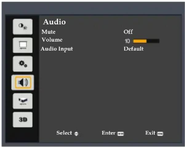 Audio Mute Off Volume 10 Audio Input Default 3D Select Enter Exit