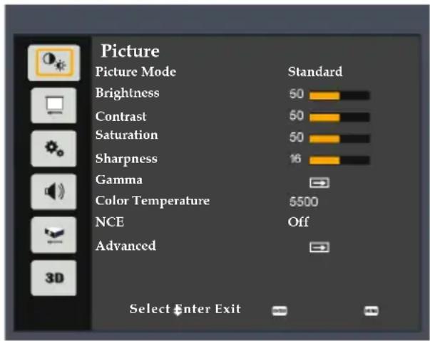 Picture Picture Mode Standard Brightness 50 Contrast 50 Saturation 50 Sharpness 16 Gamma Color Temperature 5500 NCE Off Advanced 3D Select Enter Exit