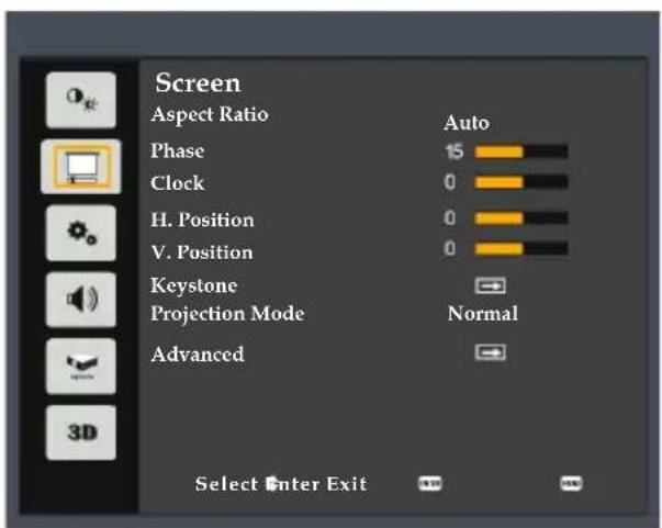 Screen Aspect Ratio Phase Clock H. Position V. Position Keystone Projection Mode Advanced Auto 15 0 0 0 Normal Select Enter Exit