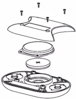 Exploded view diagram of a device showing internal components and mounting holes (no text or labels)