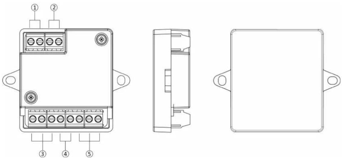 Technical diagram of an electronic device with labeled components and exploded views