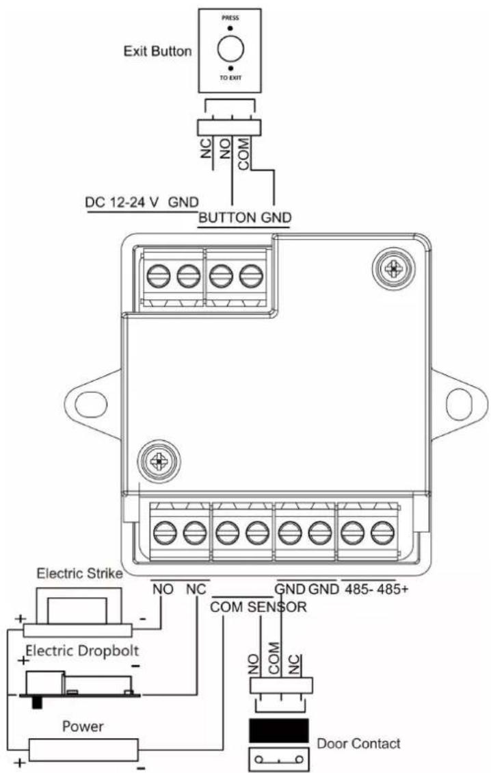 Exit Button PRESS TO EXIT NC NO COM DC 12-24 V GND BUTTON GND Electric Strike NO NC GND GND 485-485+ COM SENSOR Electric Dropbolt Power NO COM NC Door Contact