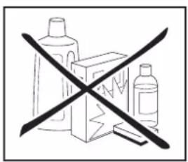 Warning symbol with crossed-out box and plastic bottle, indicating no chemical hazard or toxicity