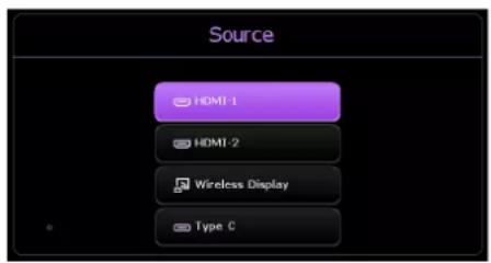 Source HDMI-1 HDMI-2 Wireless Display Type C