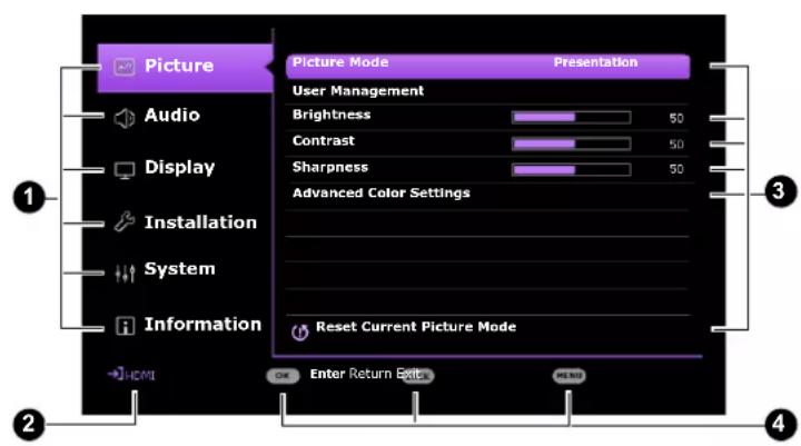 Picture Audio Display Installation System Information Picture Mode Presentation User Management Brightness 50 Contrast 50 Sharpness 50 Advanced Color Settings Reset Current Picture Mode OK Enter Return Exit PRENT