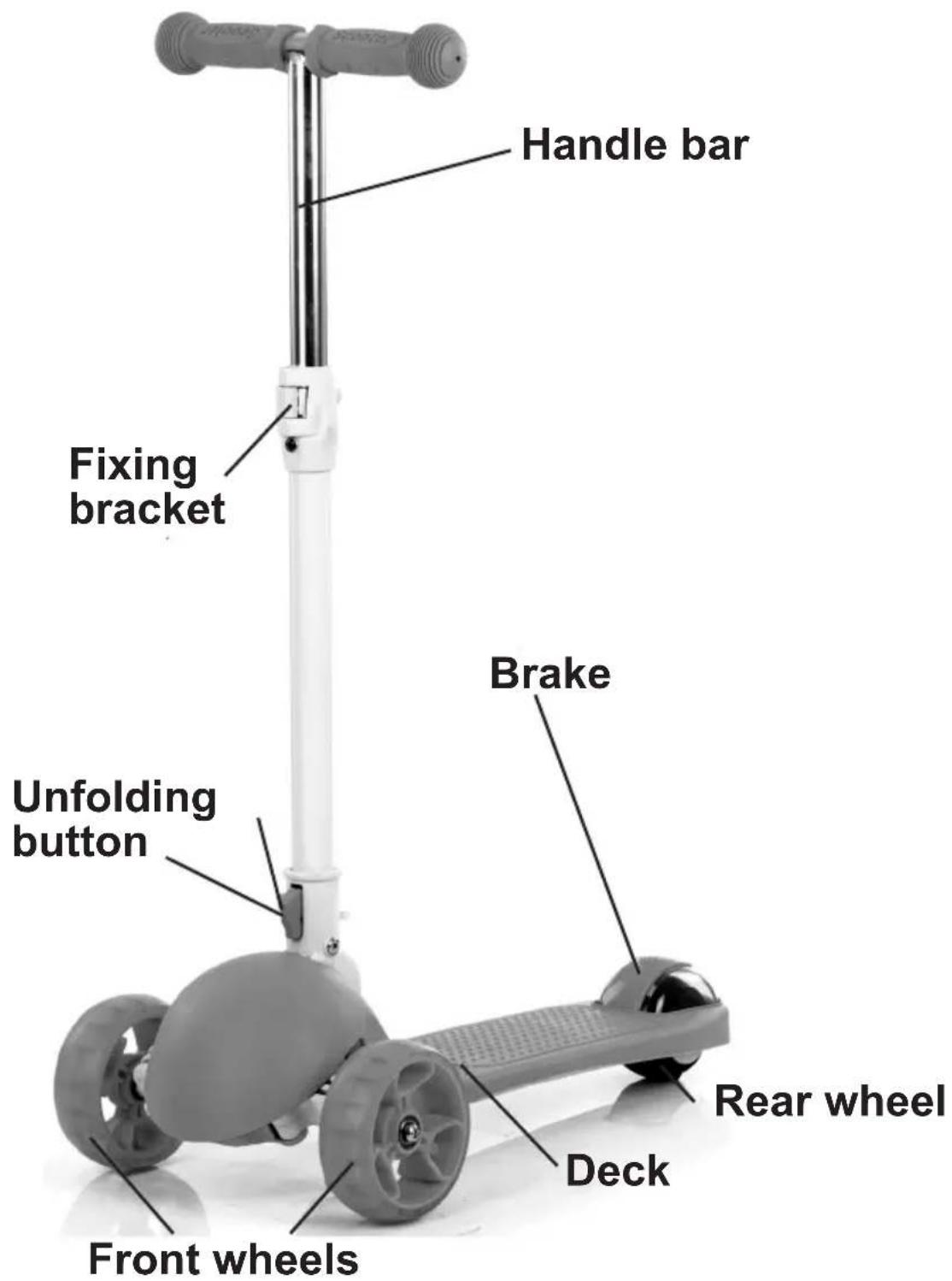 Handle bar Fixing bracket Brake Unfolding button Rear wheel Deck Front wheels