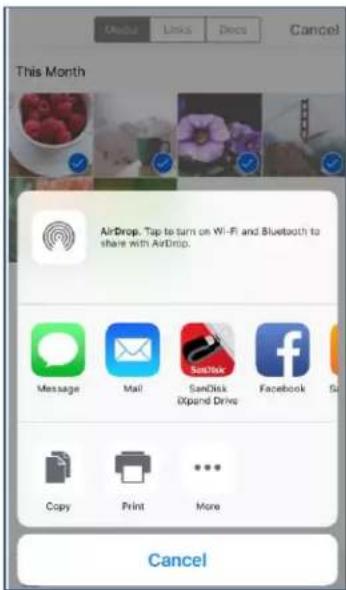 Media Links Docs Cancel This Month AirDrop. Tap to turn on Wi-Fi and Bluetooth to share with AirDrop. Message Mail SanDisk (Xpand Drive) Facebook Su Copy Print More Cancel