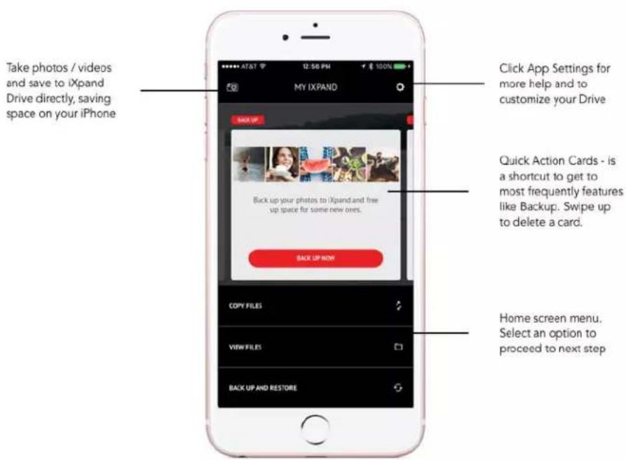 Take photos / videos and save to iXpand Drive directly, saving space on your iPhone MY IXPAND Back UP Back up your photos to iXpand and free up space for some new ones. BACK UP NOW Copy FILES VIEW FILES BACK UP AND RESTORE Click App Settings for more help and to customize your Drive Quick Action Car…